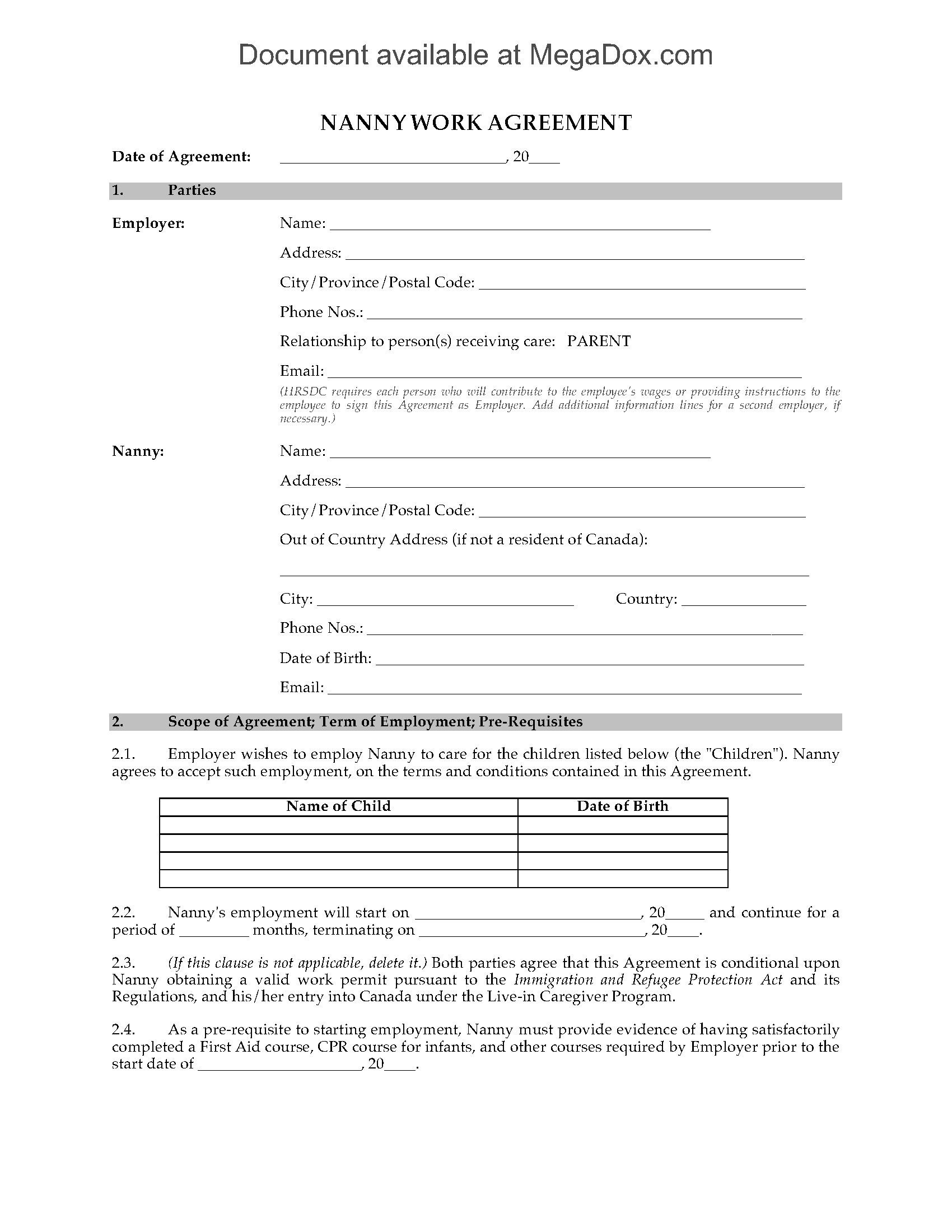 Canada Nanny Employment Agreement Legal Forms And Business Document Live In Contract Template