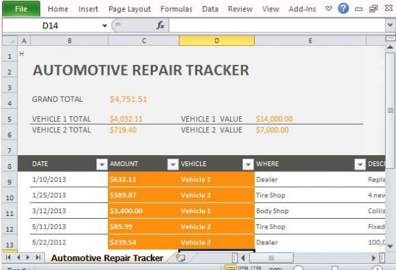 Car Repair Tracker Template For Excel 2013 Document Auto Maintenance Log