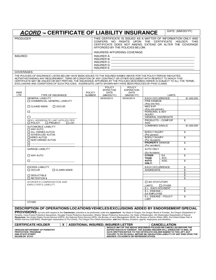 Certificate Of Liability Insurance Form Template Sivan Crewpulse Co Document Fillable