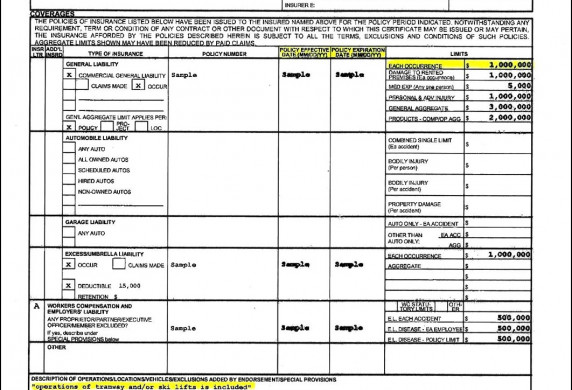 Certificate Of Liability Insurance Form Templates Sample 120081 Document Template