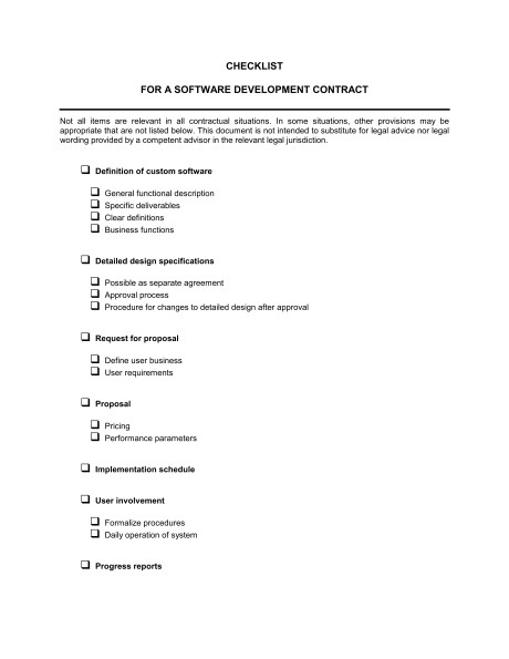 Checklist Software Development Contract Template Sample Form Document Agreement