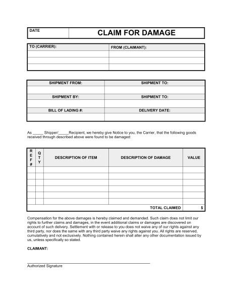 Claim For Damage On Shipped Goods Template Sample Form Biztree Com Document Freight