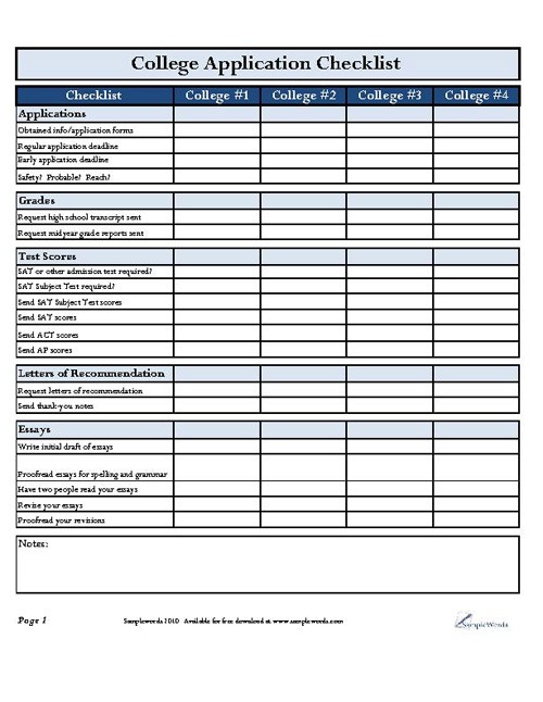 College Application Checklist Document Spreadsheet