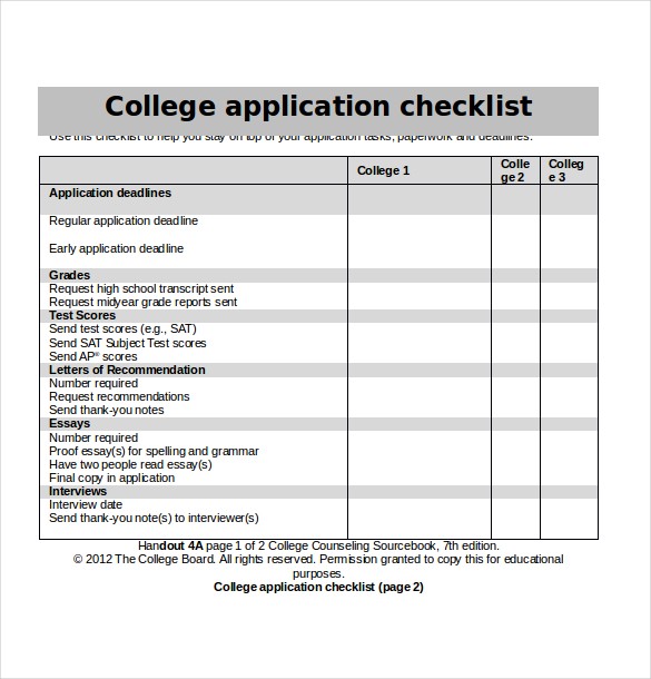 College Application Checklist Template Charlotte Clergy Coalition Document