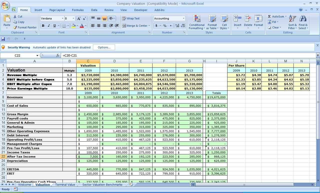 Company Valuation Excel Spreadsheet Resourcesaver Org Document Business