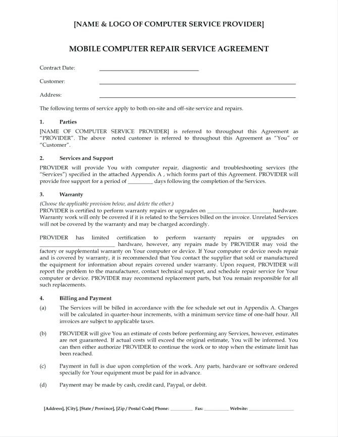 Computer Repair Service Agreement Template Document Contract Sample