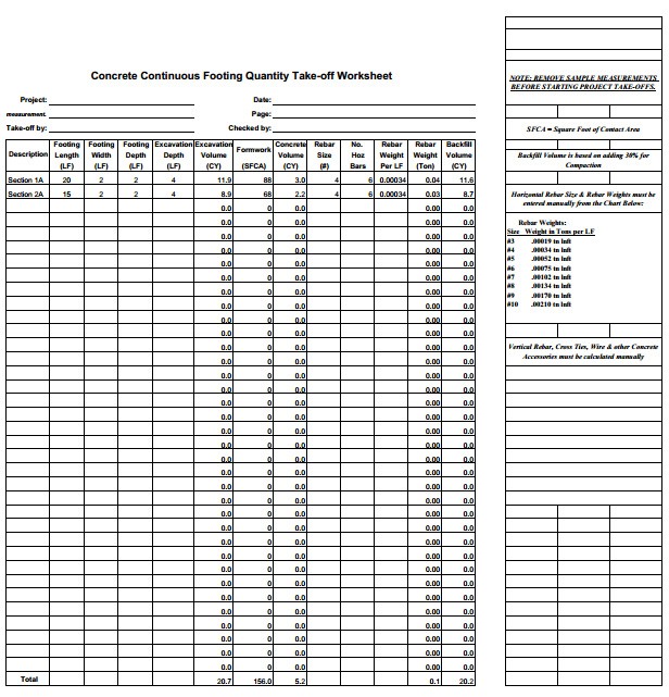 Concrete Estimating Spreadsheet Construction Cost Document Takeoff
