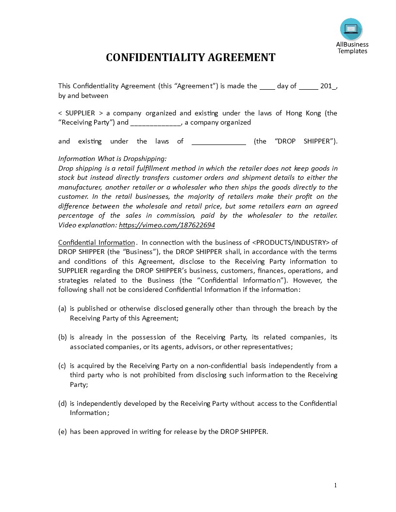 Confidentiality Agreement Drop Shipping Retailer Templates At Document Contract Template