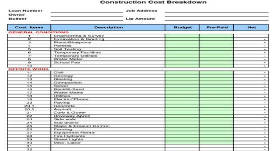 Construction Cost Breakdown Sheet A Is Used Document Template