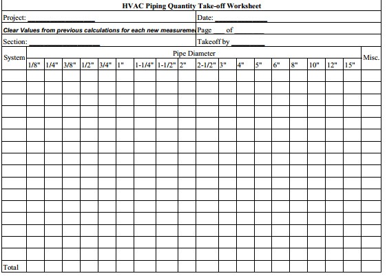 Construction Estimating HVAC Piping Sheets Document Takeoff Spreadsheet