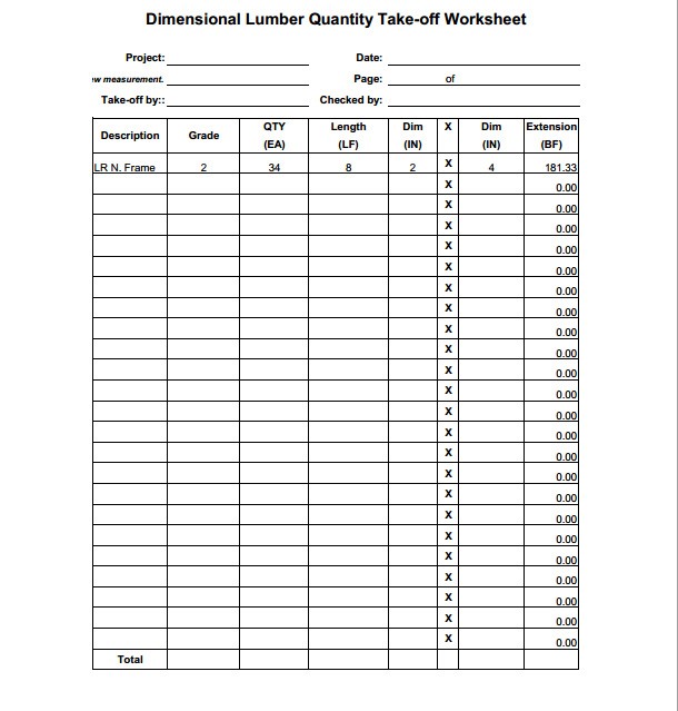 Construction Estimating Sheets Dimensional Lumber Quantity Takeoff Document Spreadsheet