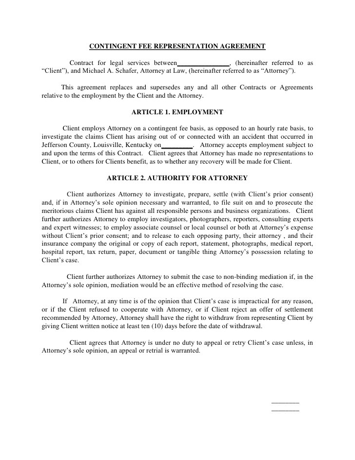 Contingent Fee Representation Agreement Contract For Legal Services B Document Service Template