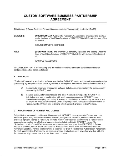 Custom Software Business Partnership Agreement Template Sample Document