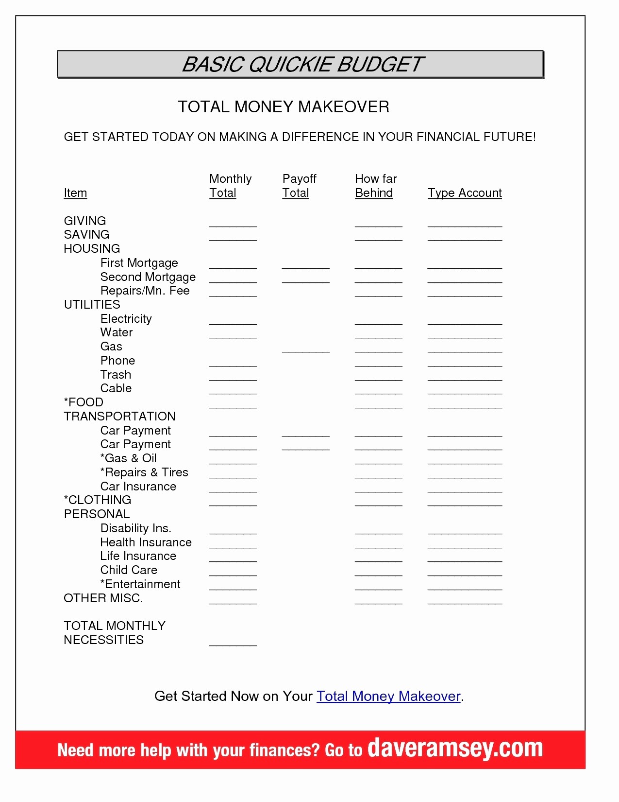 Dave Ramsey Debt Snowball Pdf Unique Total Money Makeover Free Document