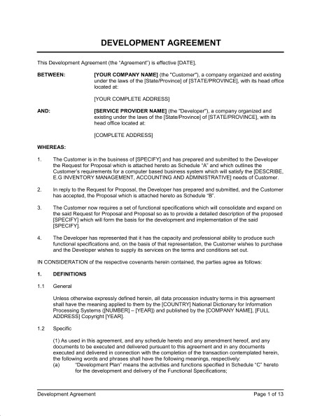 Development Agreement General Template Sample Form Biztree Com Document Software Doc