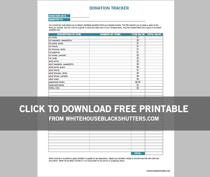 Donation Values Guide And Printable White House Black Shutters Document Itemized List