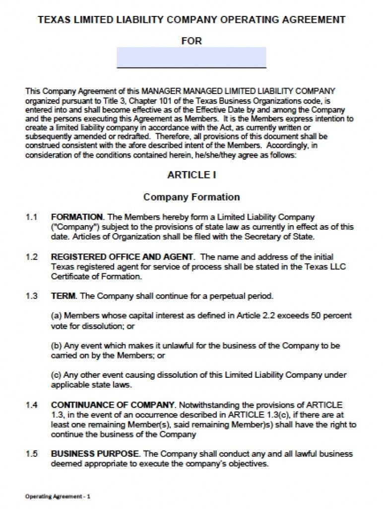 Download Texas LLC Operating Agreement Template Llc Partnership Document Free Sample Of For