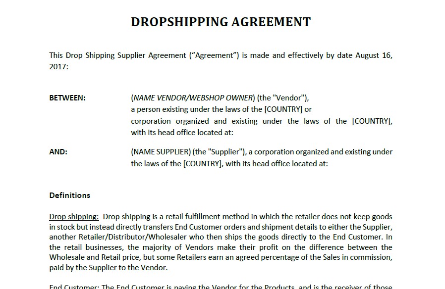Drop Shipping Agreement Template Templates At Com Document Contract
