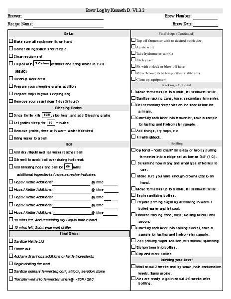 Editable PDF Brew Log HomeBrewTalk Com Beer Wine Mead Cider Document Brewing Excel