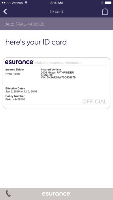 Esurance Mobile AppRecs Document Id Card