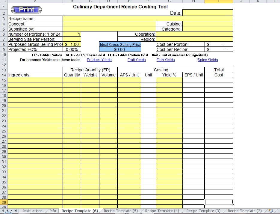Excel Recipe Template For Chefs Resources Document Food Costing