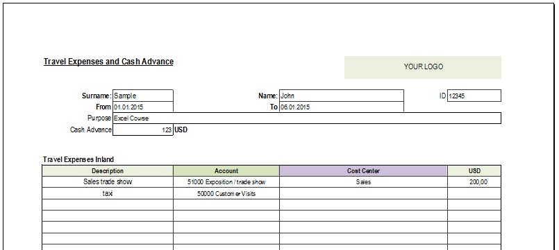 Excel Template Free Travel Expense Report For Microsoft Document Cash