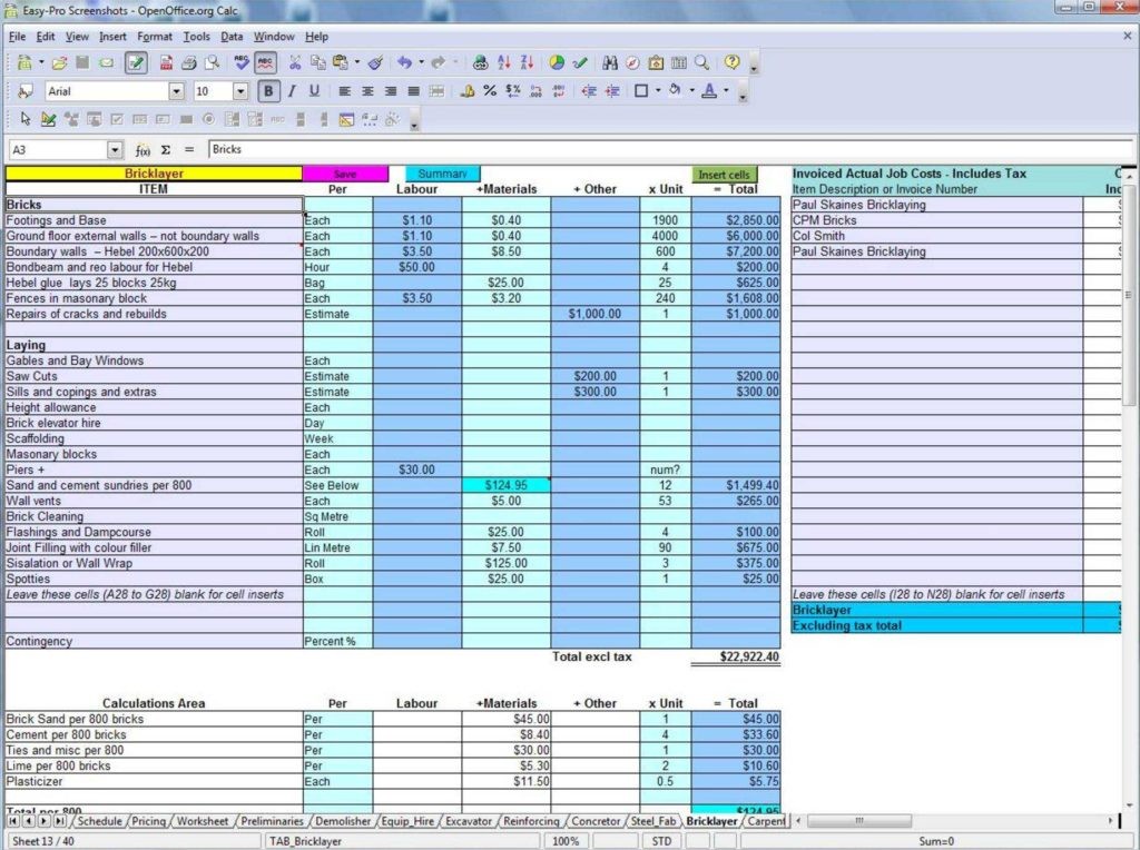 Excel Worksheet Samples And Construction Takeoff Template Document