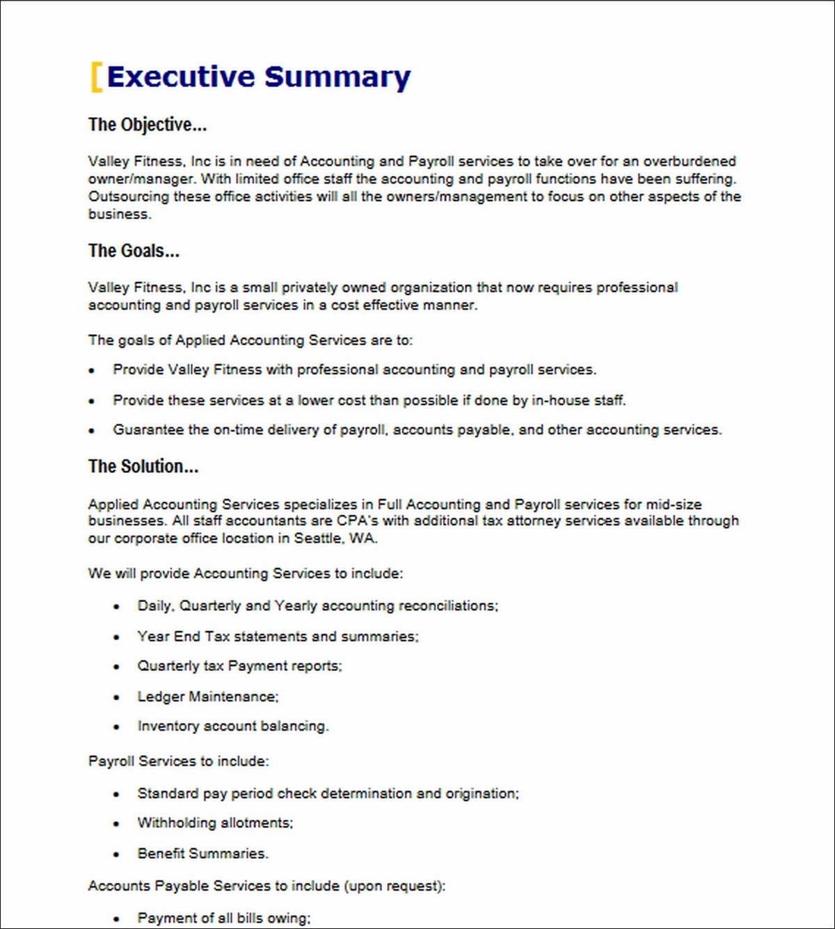 Executive Summary Example Accounting Payroll Services Proposal With Document And