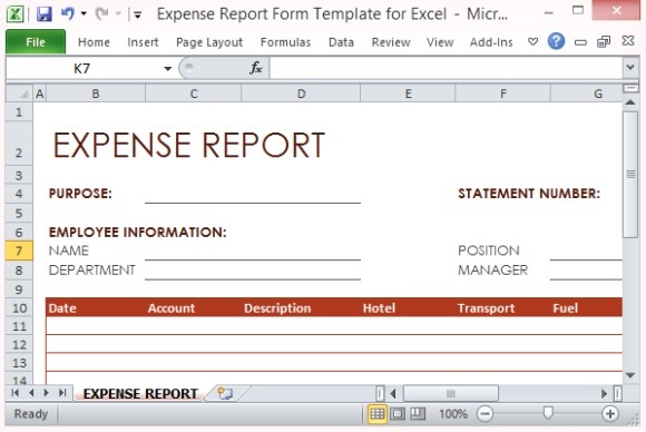 Expense Report Form Template For Excel Document Cash