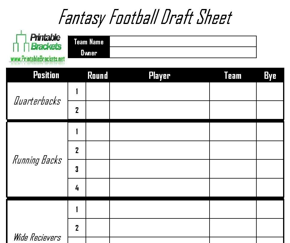 Fantasy Football Draft Sheet Printable Document Spreadsheet Template