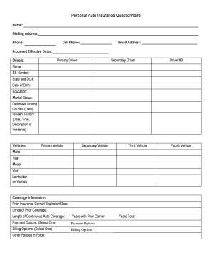 Fillable Online Personal Auto Insurance Questionnaire Fax Email Document Template
