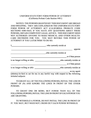 Fillable Online UNIFORM STATUTORY FORM POWER OF ATTORNEY California Document Uniform Statutory Form Power Of Attorney