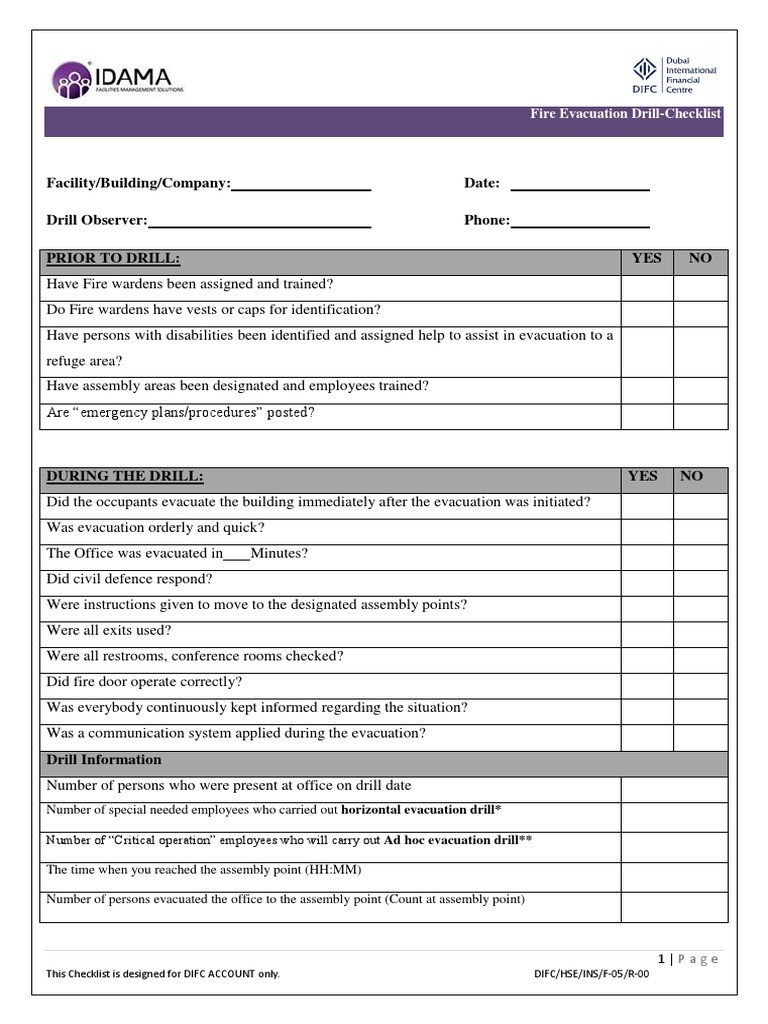 Fire Evacuation Drill Checklist Emergency Disaster Document Template