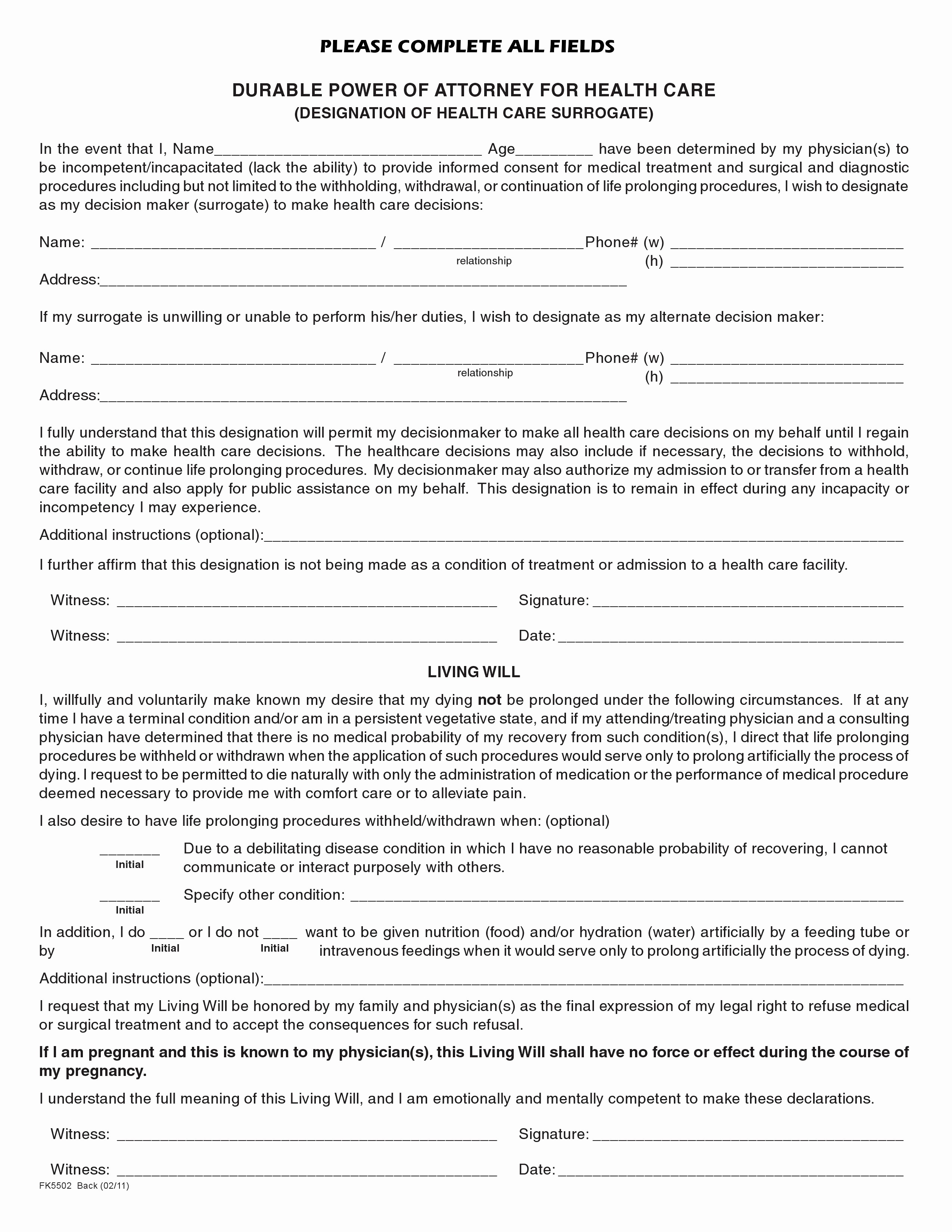 Florida Designation Of Health Care Surrogate Form Free Beautiful Document