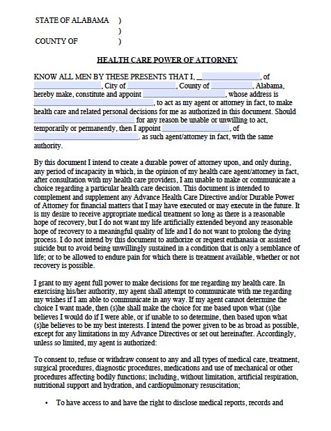 Free Alabama Medical Power Of Attorney Forms And Templates Document Durable Template