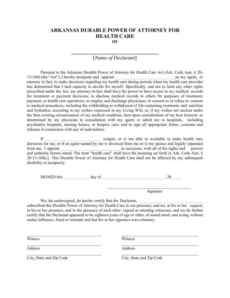 Free Arkansas Durable Power Of Attorney For Health Care Form Word Document