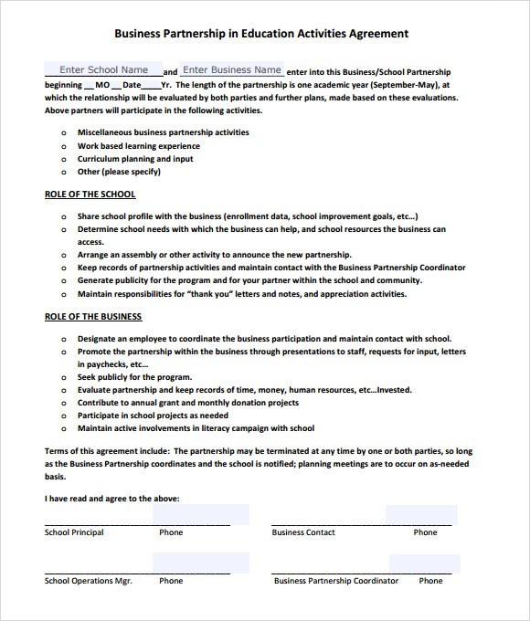 Free Business Partnership Agreement Contract Templates Document Partner Template