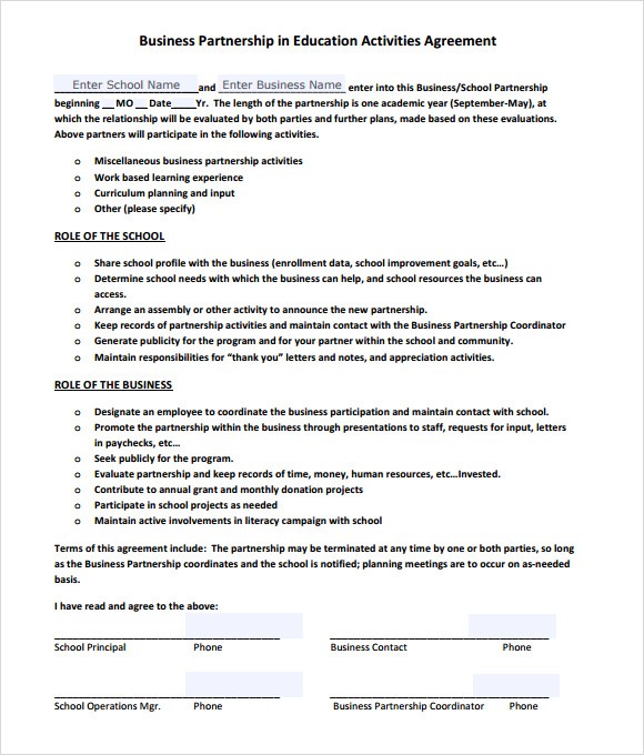 Free Business Partnership Agreement Contract Templates Document Template