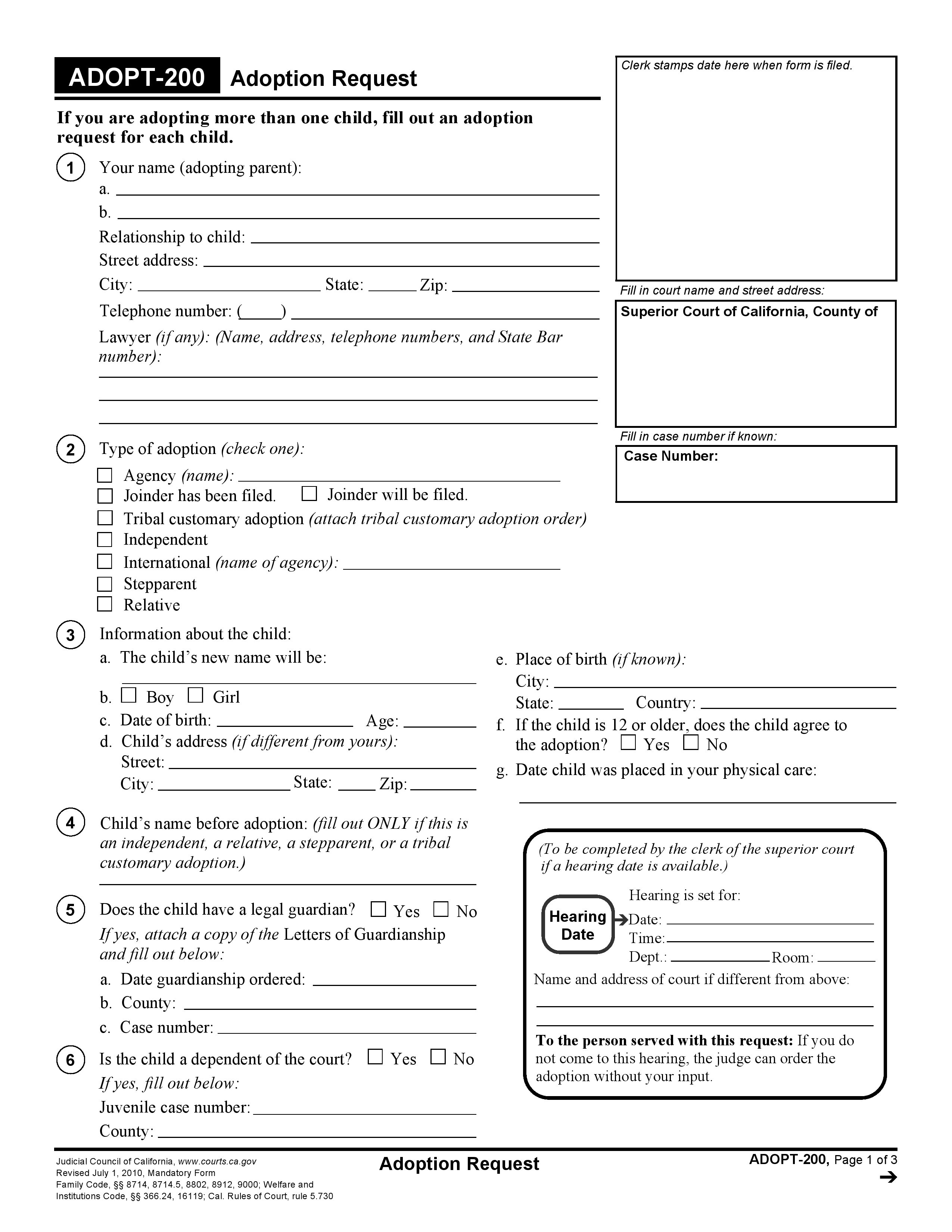 Free California Adopt 200 Adoption Request Form PDF Template Document
