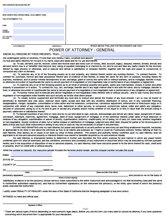 Free California General Power Of Attorney Form PDF Template Document