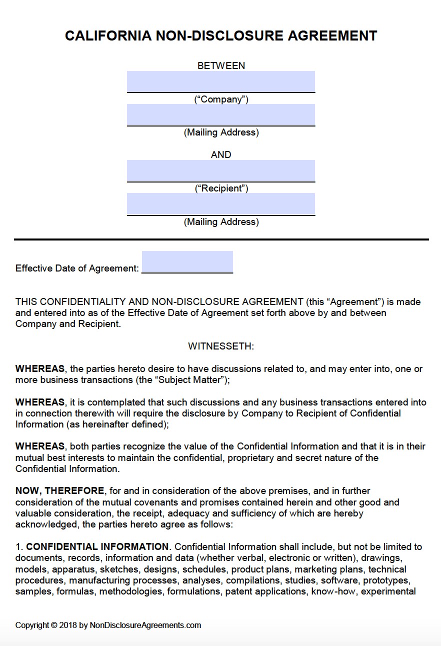 Free California Non Disclosure Agreement NDA Template PDF Word Document