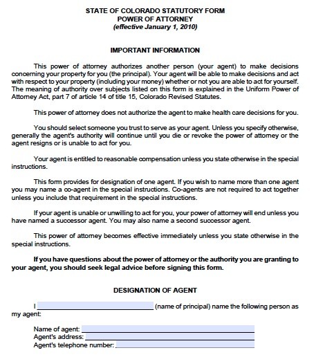 Free Colorado Financial Durable Power Of Attorney Form PDF Template Document