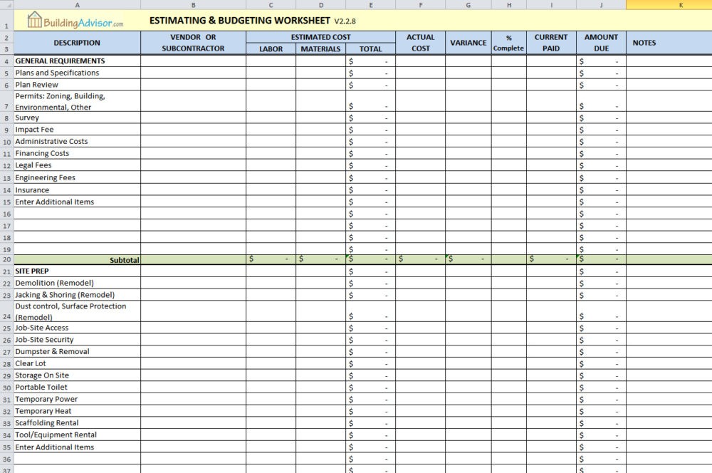 Free Construction Estimate Templates Collections Document Estimating Spreadsheet Template
