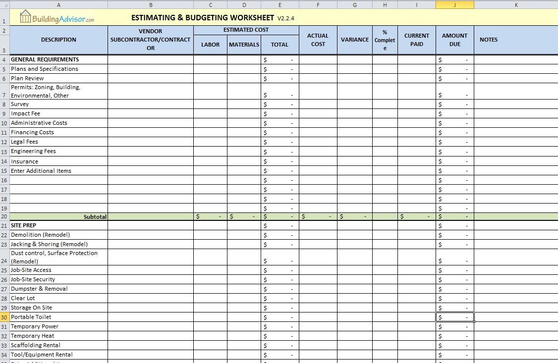 Free Construction Estimating Spreadsheet For Building And Remodeling Document Cost