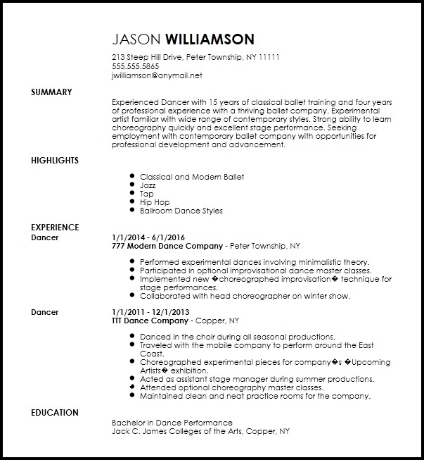 Free Contemporary Dancer Resume Template Now Document Dance
