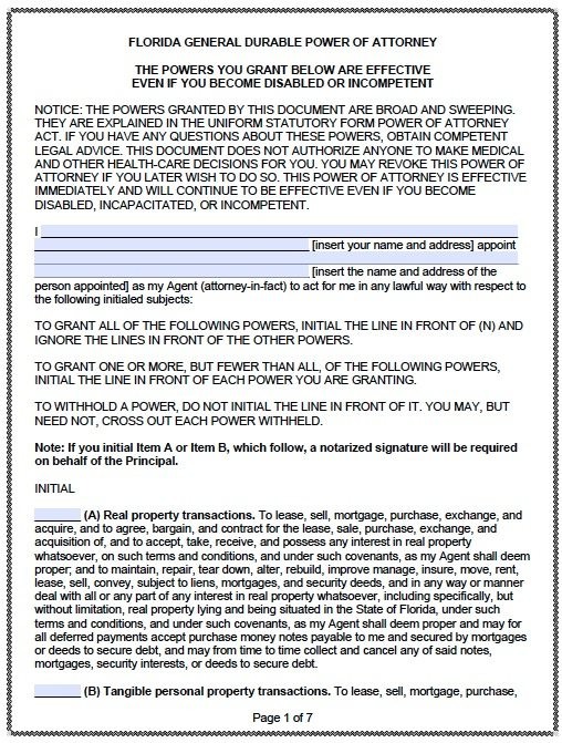 Free Durable Power Of Attorney Florida Form PDF Template Document Sample