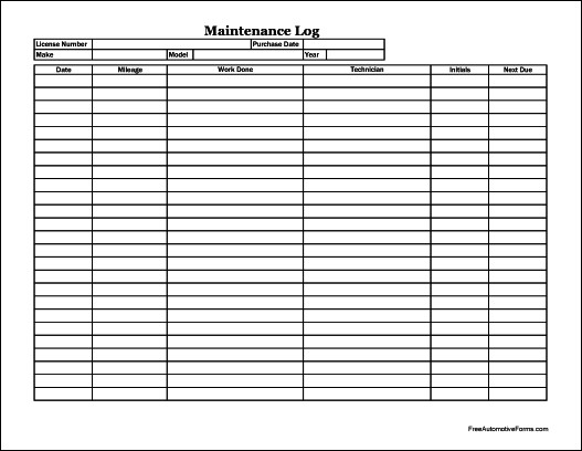 Free Easy Copy Basic Automotive Maintenance Log Wide Document Truck Excel