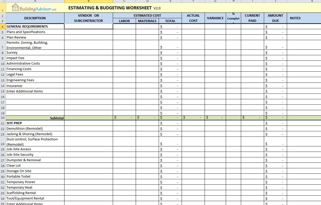 Free Estimating Software Building Remodeling Document Material List For A House Spreadsheet