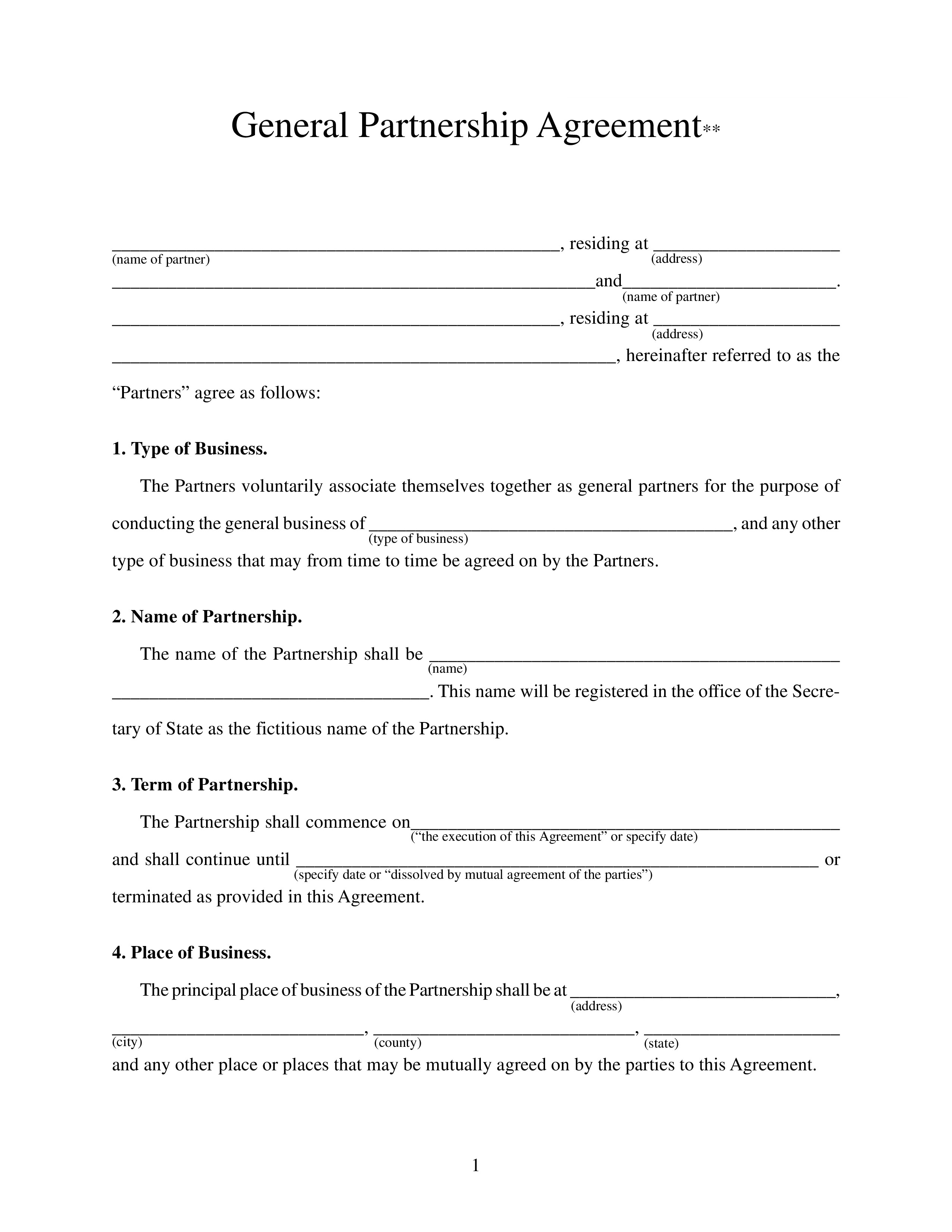 Free General Business Partnership Agreement Templates At Document Template