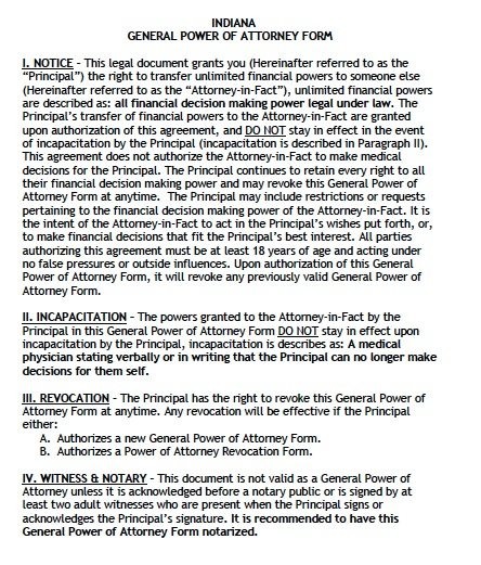 Free General Power Of Attorney Indiana Form Adobe PDF Document
